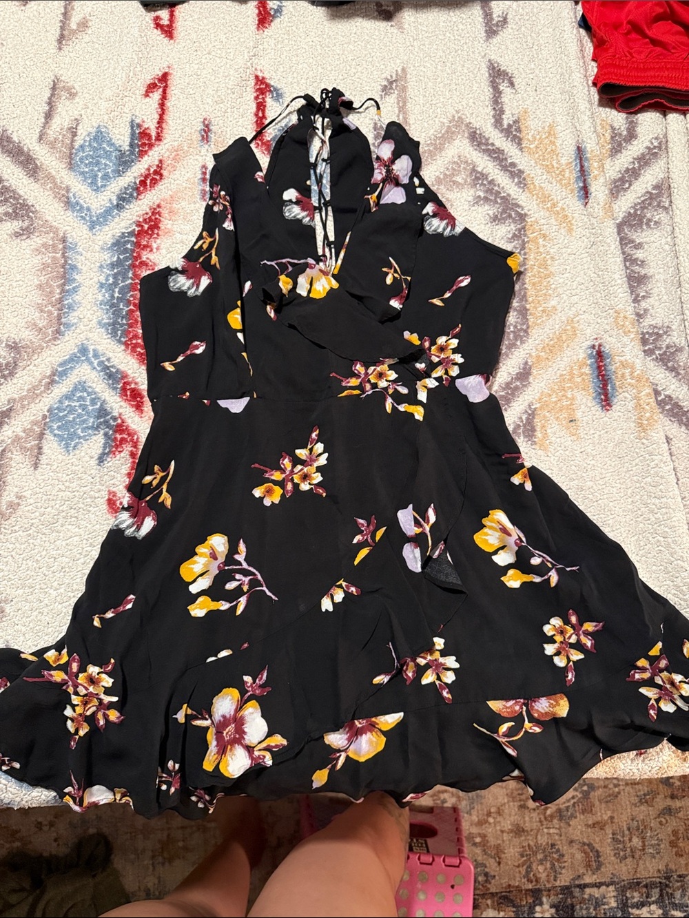 Shyanne Black Floral Halter Mini Dress with Yellow & Lilac Blooms